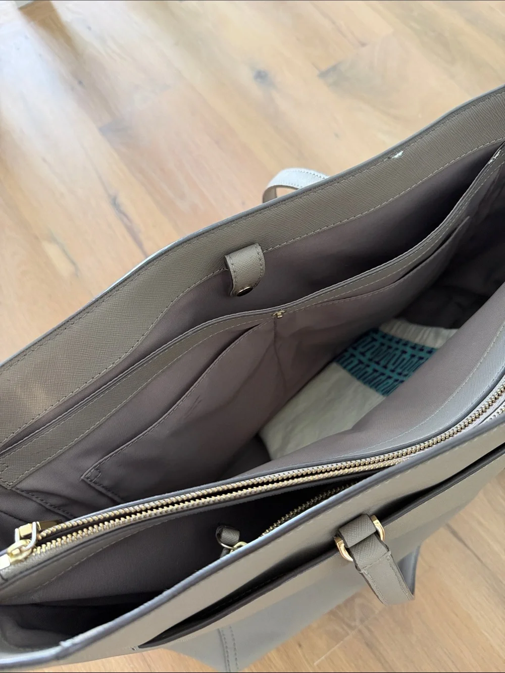 Tory Burch Light Taupe Leather Tote with Exterior Pocket